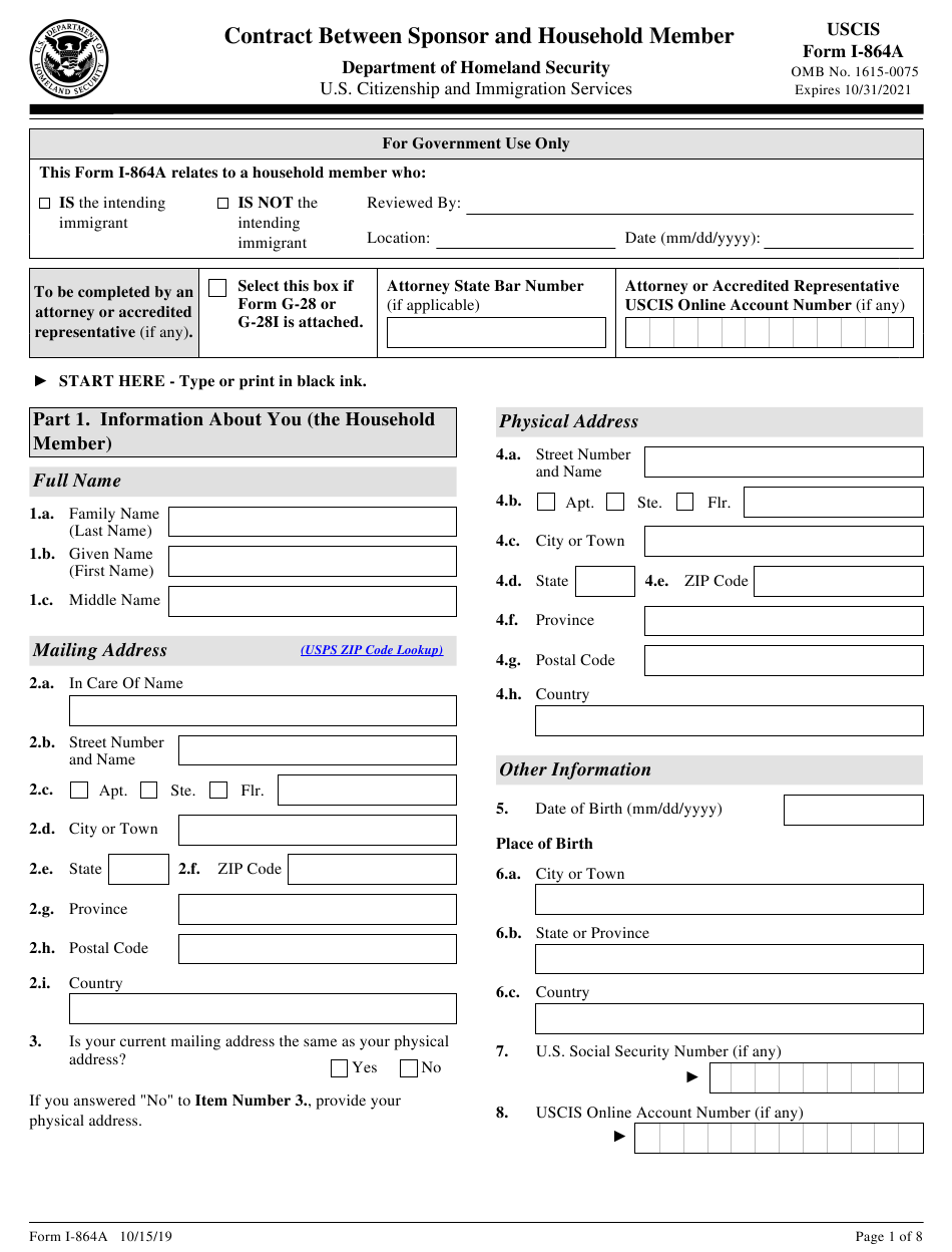 USCIS Form I-864A Download Fillable PDF or Fill Online Contract Between Sponsor and Household Member | Templateroller