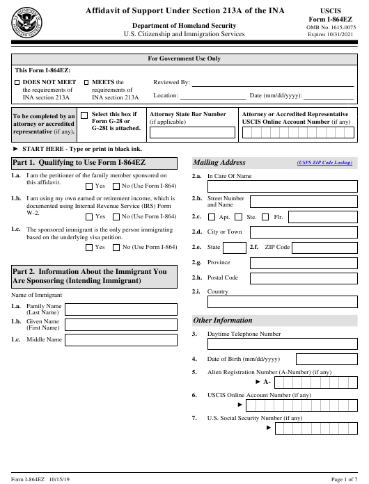 USCIS Form I-864EZ Download Fillable PDF or Fill Online Affidavit of Support Under Section 213a of the Ina | Templateroller